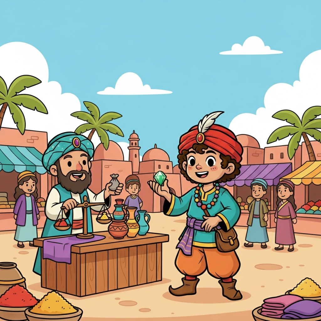 Finally, we arrived at Khotan, a vibrant oasis city. Here, I traded my ceramics for shimmering gems. The air was filled with the scent of spices and the sound of foreign tongues. It was a treasure trove of goods.