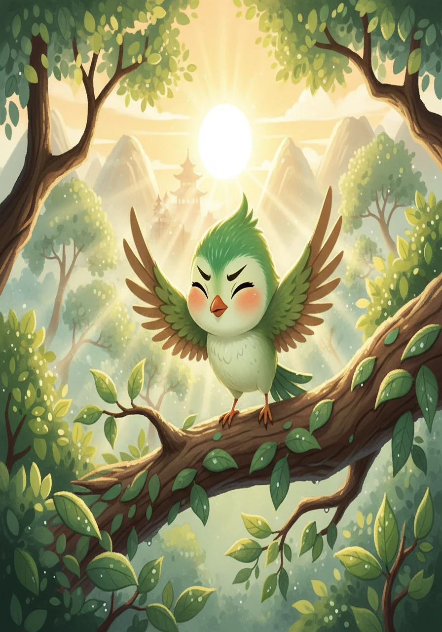 清晨，阳光洒在翠绿的树叶上。小翠第一次鼓起勇气，站在树枝的边缘。她深吸一口气，闭上眼睛，努力地扑打着翅膀。 Illustration: 小翠 on the edge of a tree branch, about to jump. Her wings are outstretched. The sun shines brightly on her. The scene captures the moment of hesitation and determination.