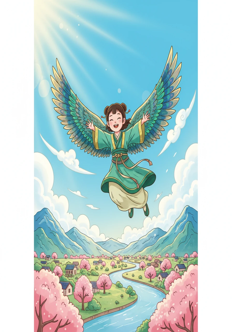 呼——小翠终于飞起来了！她笨拙地扇动着翅膀，在空中摇摇晃晃。虽然开始时不太顺利，但她并没有放弃。她越飞越高，最终，小翠快乐地在空中自由翱翔。 Illustration: 小翠 is joyfully flying in the sky, her wings spread wide. The sky is a beautiful blue, and the world below is visible, showcasing trees and a river. The image conveys freedom and happiness.