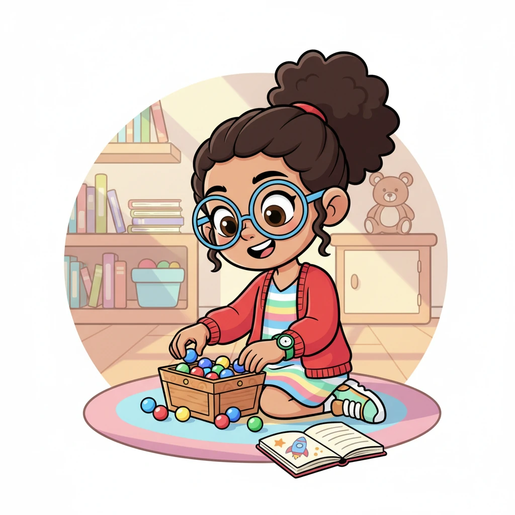 In her cozy, sun-drenched room, Penny, a girl with sparkling eyes and a big, friendly smile, carefully arranged her collection of colorful marbles. She loved keeping things neat and tidy, especially her treasures. Next to her, a small, brightly colored notebook lay open, ready for adventure.
