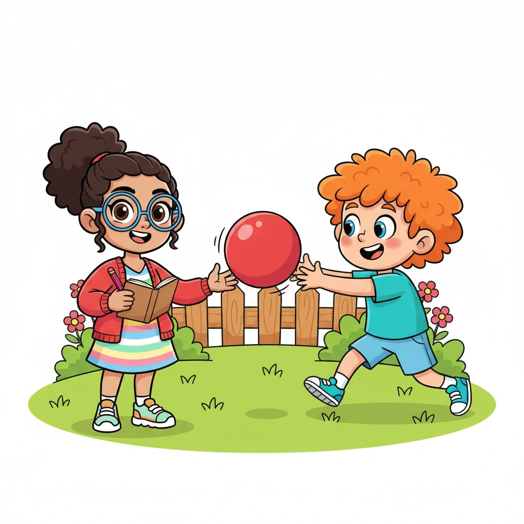 One sunny morning, Penny's friend Leo, a bouncy boy with bright orange hair, rushed over. "Penny, can I borrow your super-bouncy red ball for our game?" he asked eagerly. Penny, with a cheerful nod, handed him the ball, making a quick, neat note in her special book.