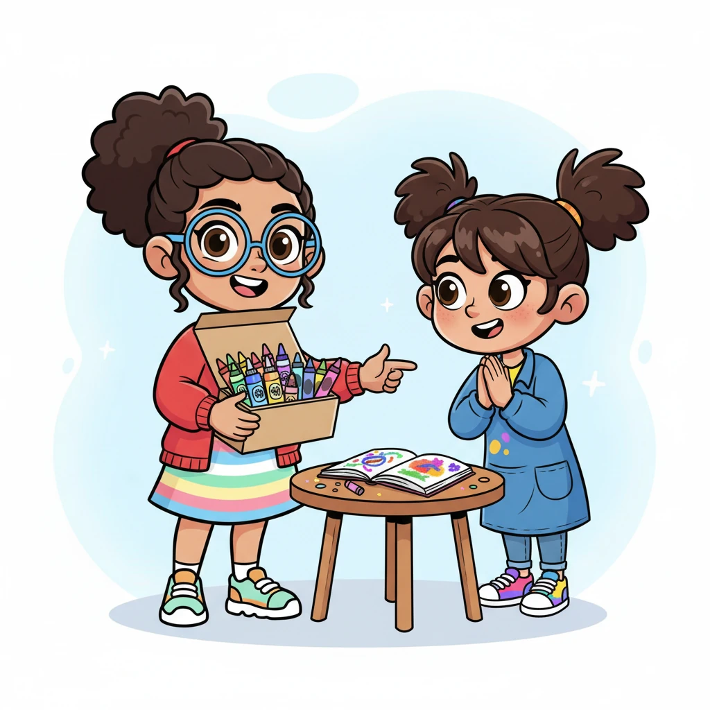 Later that day, Daisy, a creative girl with pigtails and a smock, came by. "Oh, Penny, your glitter glue and rainbow crayons are perfect! Can I use them for my big art project?" she pleaded. Penny, always happy to share, lent her supplies, adding another colorful entry to her notebook.
