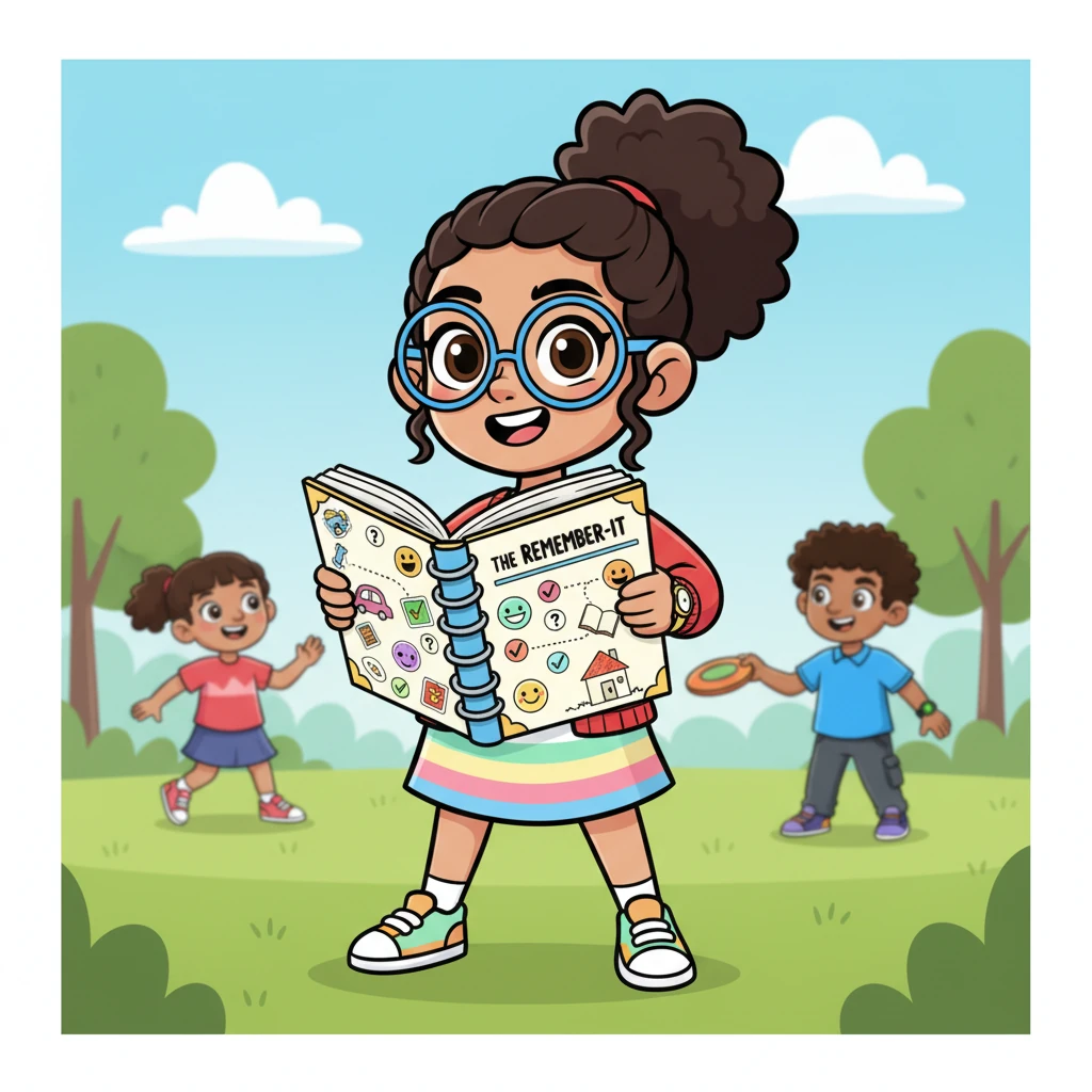 Penny proudly showed her 'Remember-It' notebook, which wasn't just for notes; it was filled with playful drawings and tiny symbols. Each page was a cheerful record of who borrowed what, ensuring every shared item found its way back home. It was her secret to happy sharing.