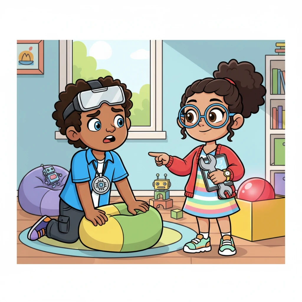 A few days passed, and Leo, busy with new games, had forgotten about the super-bouncy red ball. He was searching everywhere for it, looking quite puzzled. Penny, seeing his dilemma, gently reminded him, "Leo, remember the red ball? It's for our game!"