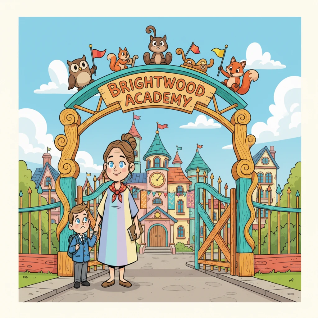 Misha, a bright-eyed Russian boy, arrived at the vibrant gates of Brightwood Academy, clutching his mom's hand. He felt a flutter of nerves and excitement as the colorful school building loomed before them, its whimsical architecture promising new adventures. This was his very first day in a new country, and everything felt wonderfully fresh and different.