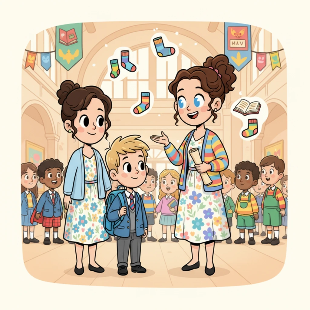 Inside the bustling school hall, they met the cheerful Headmistress, a woman with sparkling eyes and a welcoming smile. She explained Brightwood's unique uniform policy, which was a little unusual but designed for fun and comfort. Misha listened intently, his curiosity growing with every word.