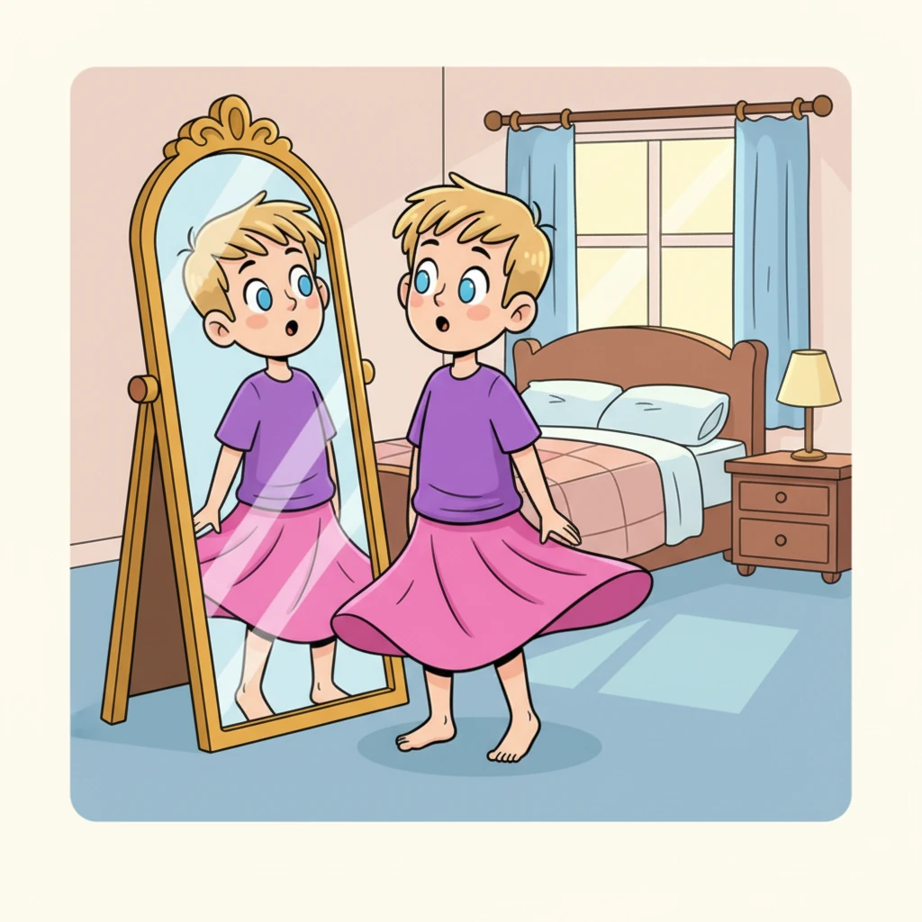 Soon, it was time for Misha to change. He donned a vibrant purple top and a swishy pink skirt, feeling the soft fabric against his skin. He wiggled his toes, realizing he was also meant to be barefoot! He looked at his reflection in a mirror, surprised but a little playful, giving a small twirl.