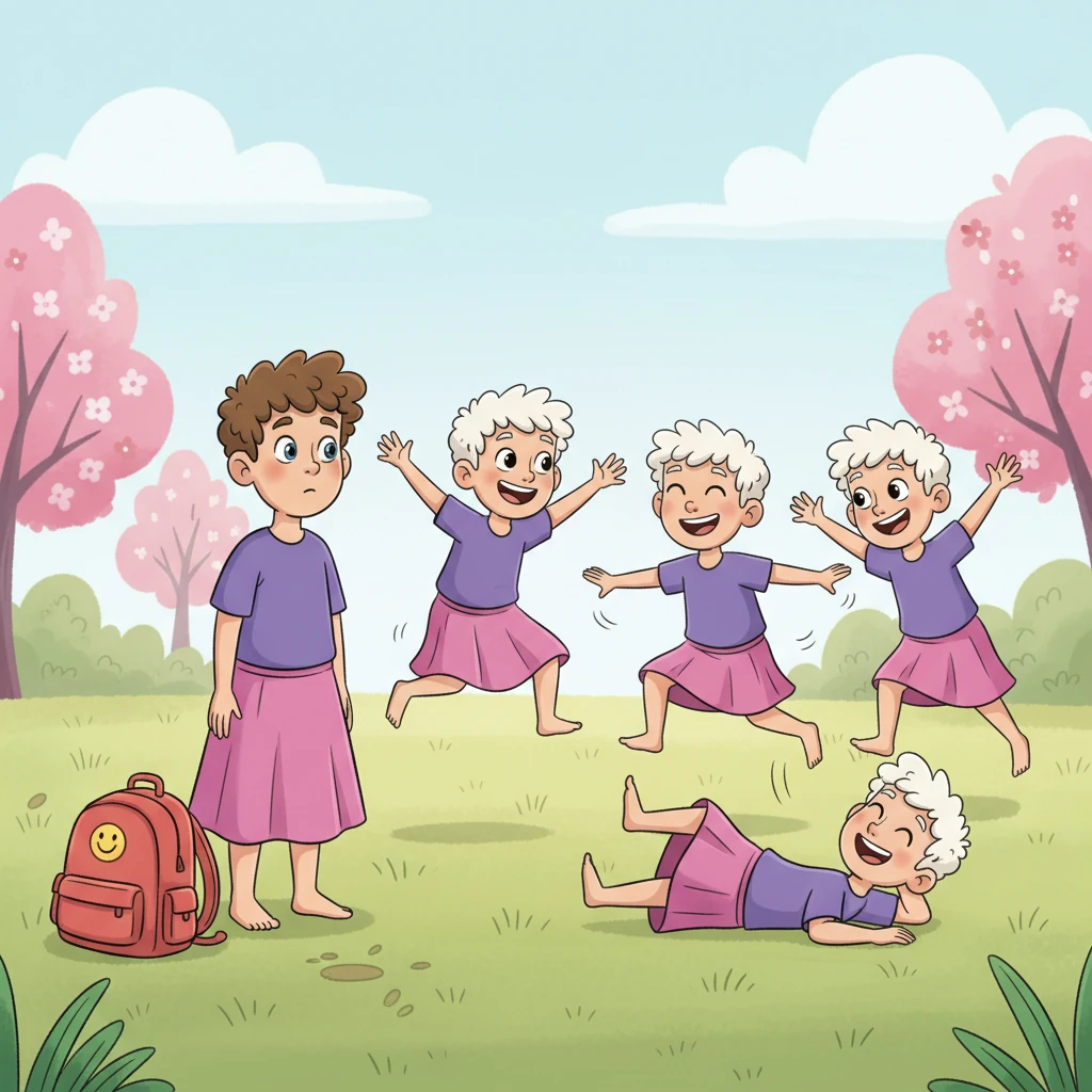 Stepping into the courtyard, Misha felt a little shy in his new outfit, but then he saw other white boys just like him, laughing and playing in their matching purple tops and pink skirts, their bare feet happy on the soft ground. They looked like a cheerful bouquet of flowers.