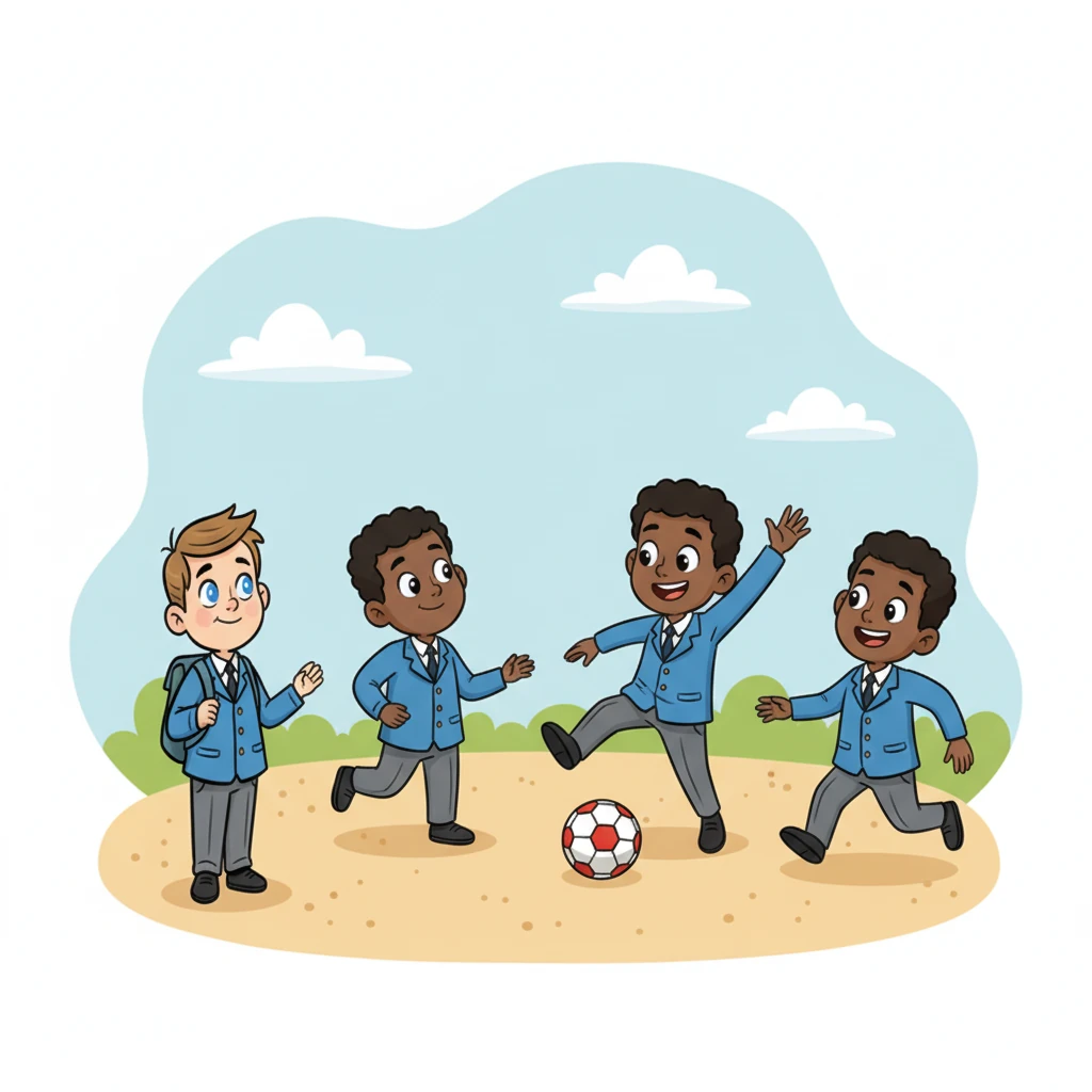 Nearby, black boys in their smart, standard school uniforms were energetically playing football, their laughter echoing across the yard. One of them spotted Misha and gave a friendly wave, inviting him to join the game with a wide grin. Misha smiled back, feeling a little less nervous.