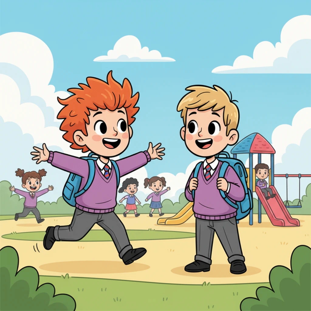 Suddenly, Misha heard a familiar language! A boy with fiery red hair, also in the purple and pink uniform, bounded over. "Привет! I'm Boris!" he exclaimed in Russian. Misha's face lit up as he found a new friend from his homeland, sharing a happy, quick chat.