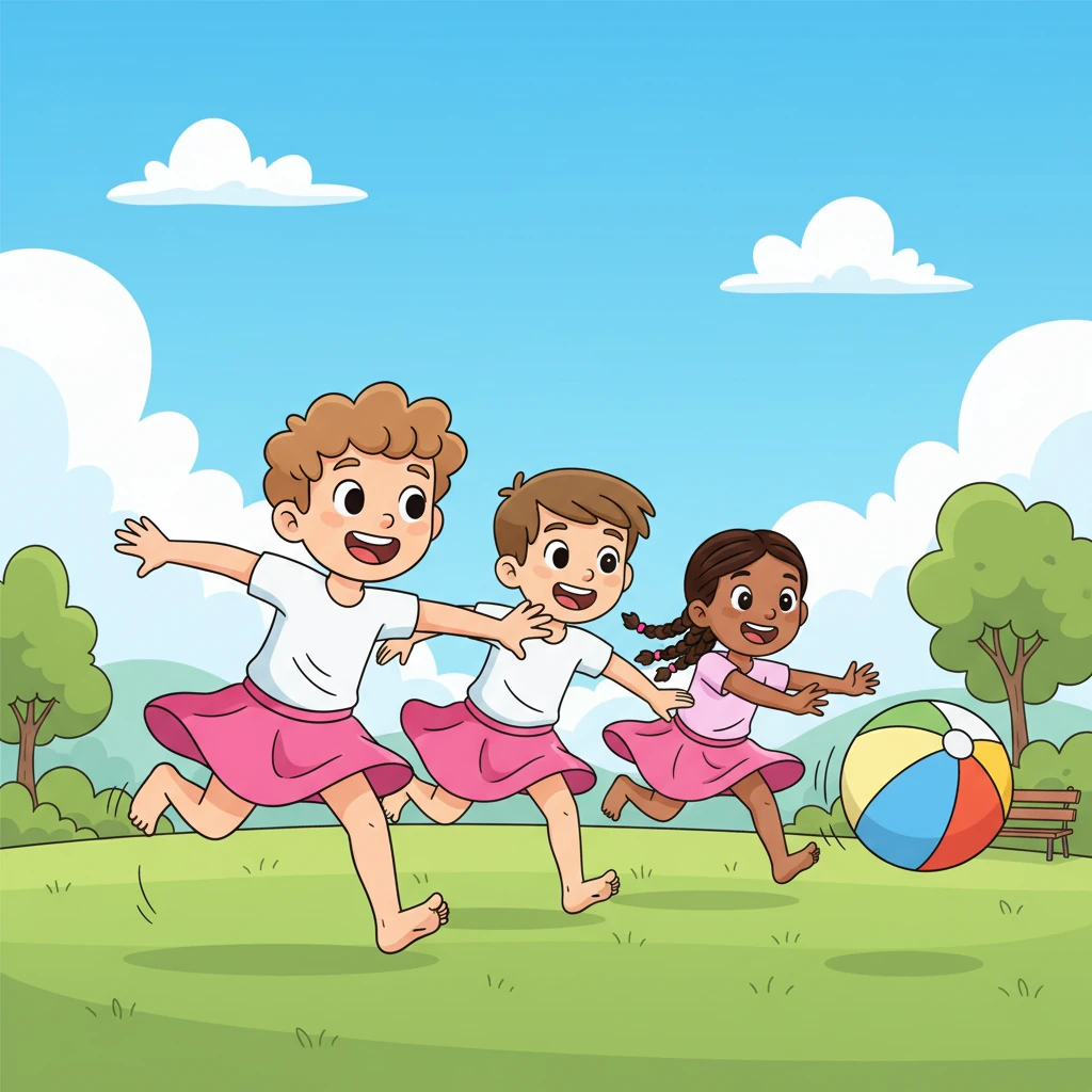 During playtime, Misha, Boris, and their new friends discovered the sheer joy of running barefoot on the soft, green grass. Their pink skirts swished and swayed like colorful flags as they chased a brightly colored ball, feeling completely free and full of laughter.