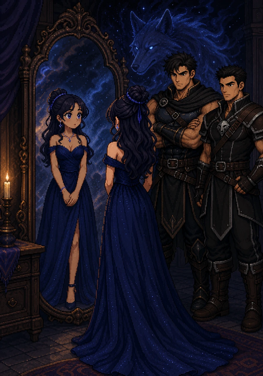 Luna dresses in a gown of midnight blue, her reflection showing a girl standing on the edge of womanhood. Her inner wolf stirs with a new, restless energy, sensing the cosmic shift that comes with this milestone. She hopes her spirit is ready for the bond that will change her life forever.