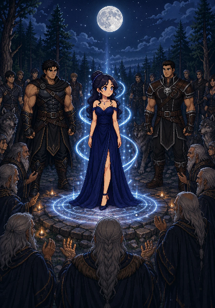 As the silver moon rises to its highest point, the pack gathers in the sacred clearing for the traditional ceremony. The air hums with ancient magic, and a hush falls over the crowd as the Elders begin the chant. Luna stands at the center, her skin tingling as the bond begins to awaken within her soul.