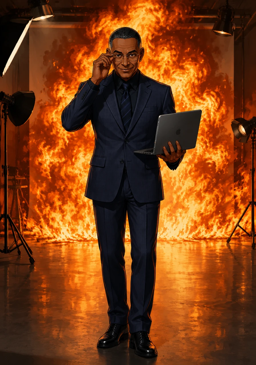 Gustavo Fring stands in the center of a pristine, professional studio photoshoot, adjusting his sharp glasses with immaculate precision. Behind him, a massive, unnatural wall of fierce orange fire erupts out of nowhere, casting a warm, dangerous glow across the room. He holds a high-end, sleek laptop resting perfectly in one hand, completely unbothered by the blazing inferno.