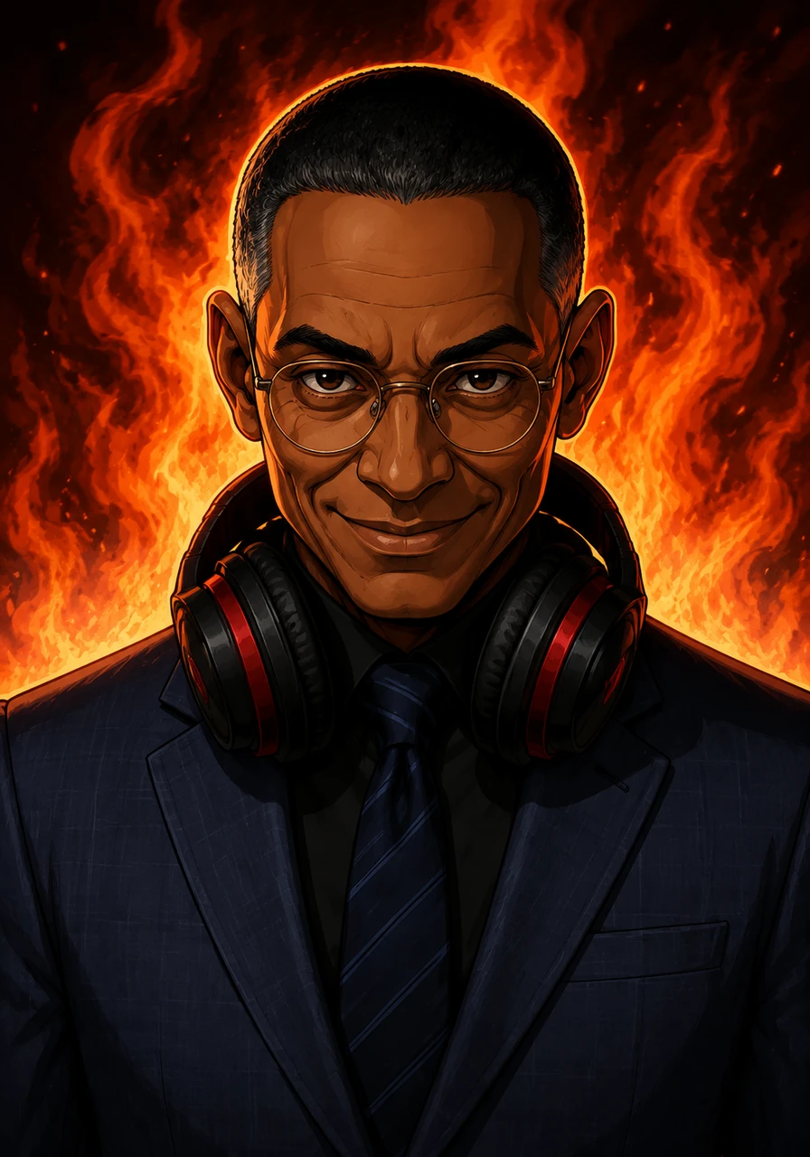A pair of premium gaming headphones rests around Gustavo's neck as he gazes directly into the camera lens. The roaring flames behind him intensify, perfectly framing his silhouette like a legendary Discord server avatar. A chilling, sinister smile creeps slowly across his face, revealing the calculating mind of a true digital mastermind.