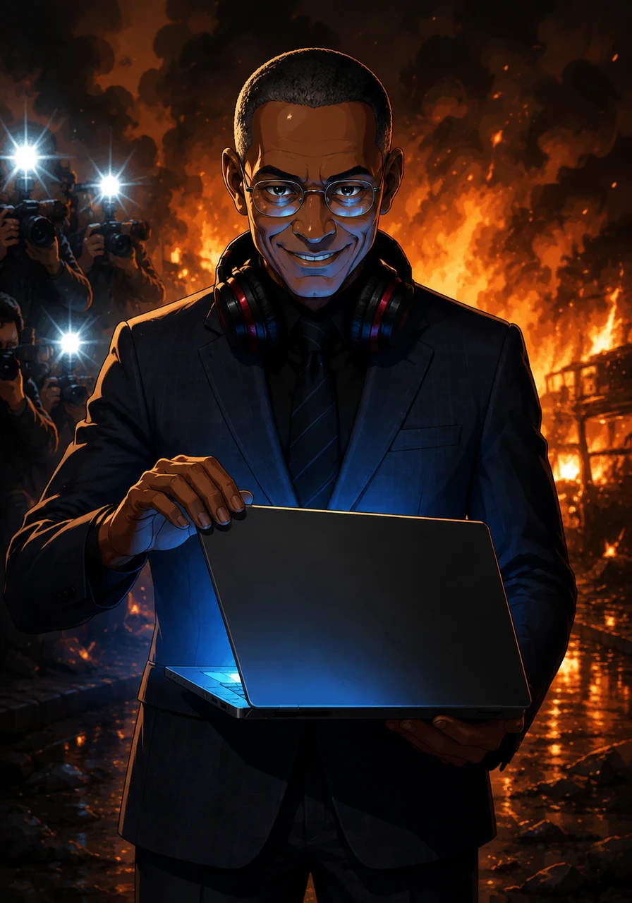 The camera flashes, capturing the stark contrast between his perfectly tailored suit and the chaotic, blazing background. Gustavo opens the laptop with one hand, the blue light of the screen reflecting off his lenses and mingling with the fiery orange glow. His evil smile widens as he prepares to execute a plan that will change everything.