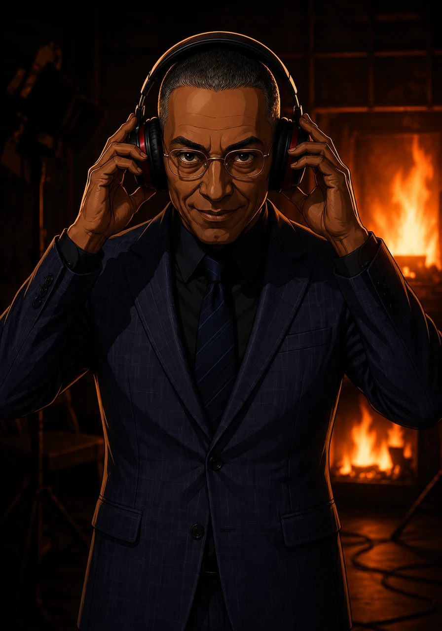 As the fire crackles loudly in the background, Gustavo slides the headphones over his ears, tuning out the world to focus on his next directive. The studio lights dim, leaving only the dramatic brilliance of the roaring flames to illuminate his sharp features. Every detail of his composure screams absolute control and hidden malice.