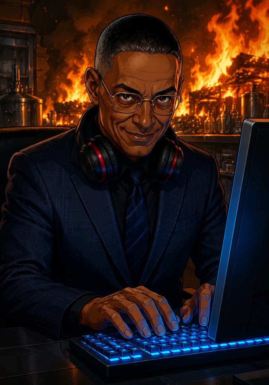 With a quiet chuckle, Gustavo types a single command onto his glowing PC, his fingers moving with flawless efficiency. The intense fire behind him seems to leap higher with every keystroke, mirroring the destructive ambition hidden beneath his calm exterior. He looks up, his dark eyes locked onto his audience with terrifying confidence.