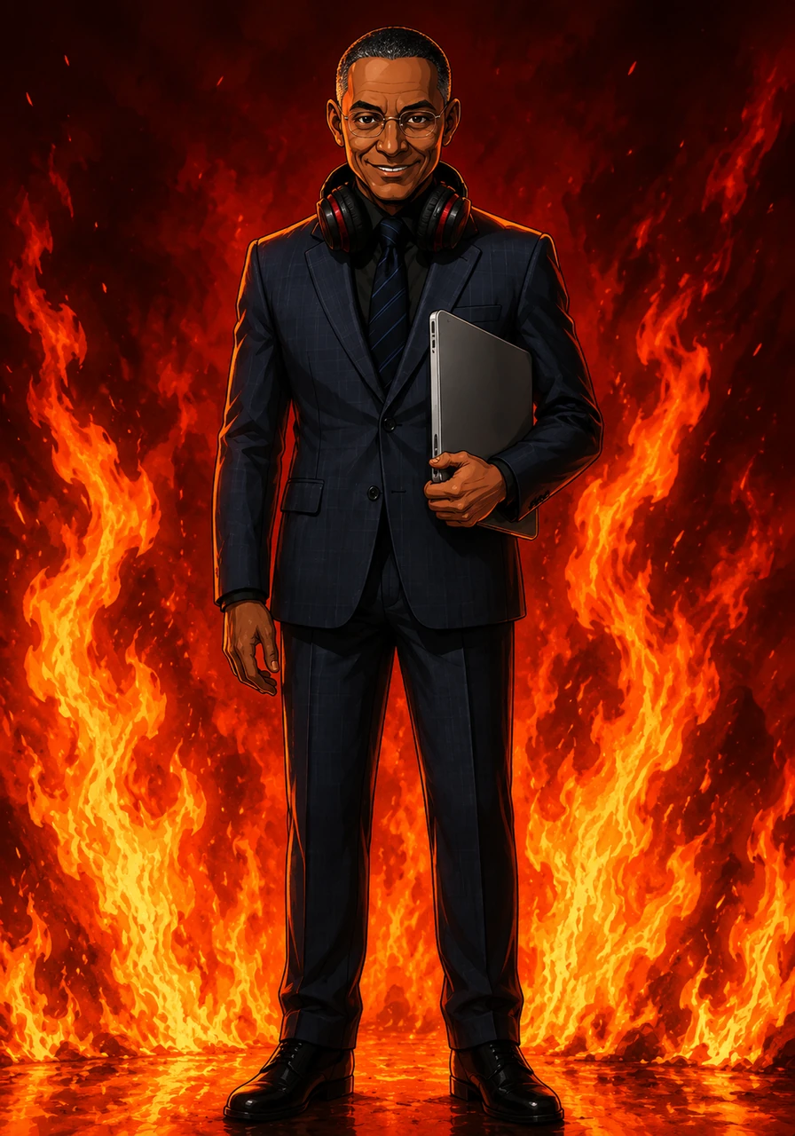 The studio backdrop shifts into a deeper crimson hue as the flames rage on, creating a perfect, high-contrast portrait of modern power. Gustavo stands entirely still, holding the laptop like a modern scepter while the heat rises around him. His sinister grin remains perfectly fixed, an expression of pure, unadulterated triumph.