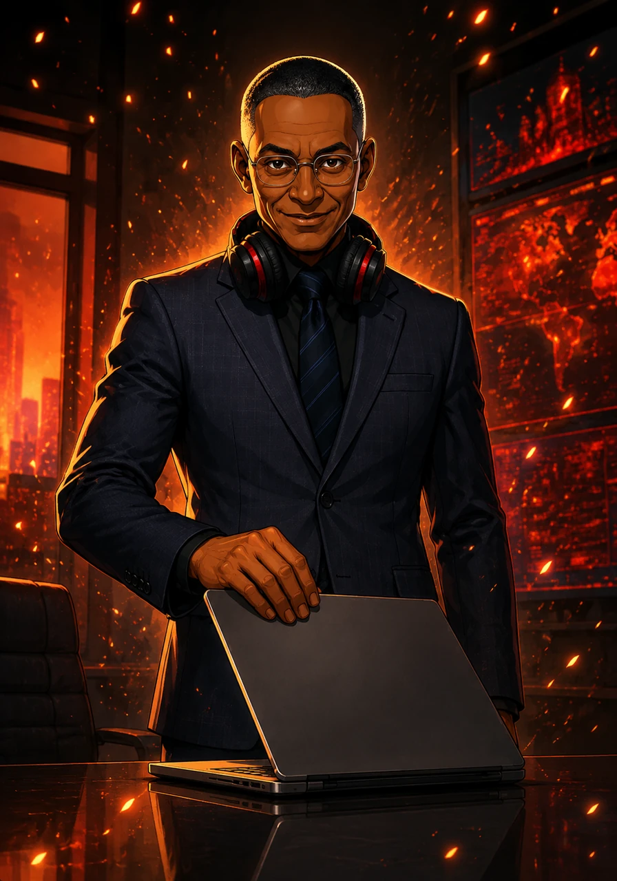 Sparks fly through the studio air, dancing around Gustavo's immaculate posture as he closes the laptop screen with a soft click. The brilliant orange and red light emphasizes the sharp lines of his face, creating an iconic, unforgettable avatar of a digital kingpin. He stands as the undisputed ruler of this fiery domain.