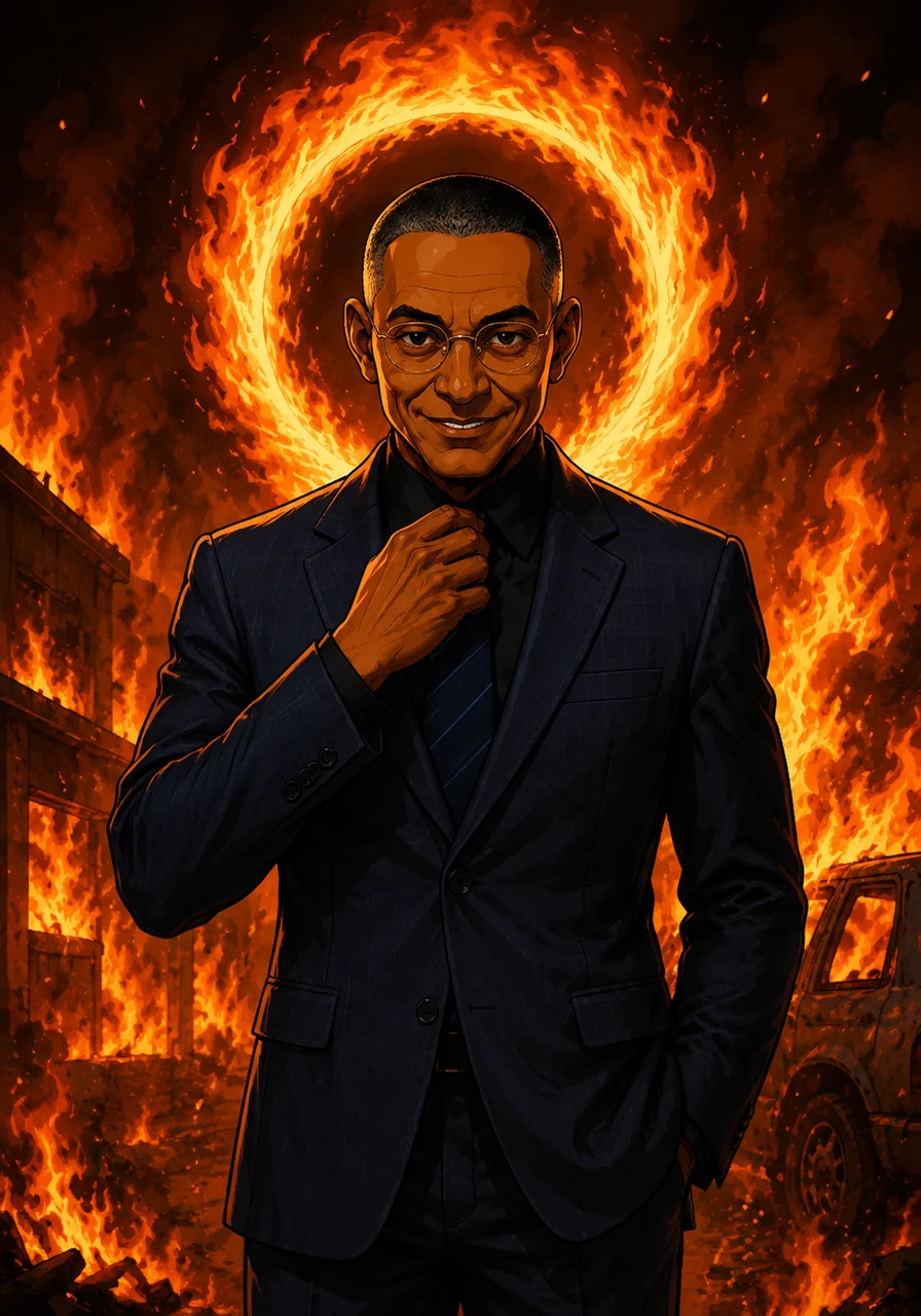 As the photoshoot reaches its peak, the blazing inferno begins to swirl into a perfect halo of fire directly behind his head. Gustavo adjusts his collar with his free hand, completely detached from the danger surrounding him. His malevolent smile speaks volumes, proving that he is always three steps ahead of everyone else.
