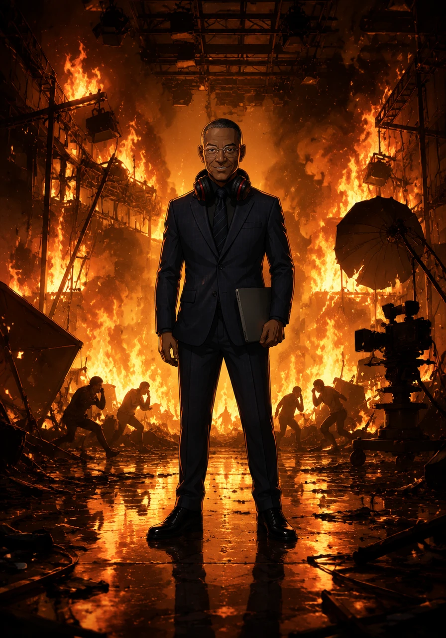 The camera captures a dramatic wide shot, showcasing the full scale of the studio fire and Gustavo's commanding presence in the center. The headphones gleam under the intense light, symbolizing his constant connection to his vast, invisible network. He stands powerful, elegant, and deeply menacing.