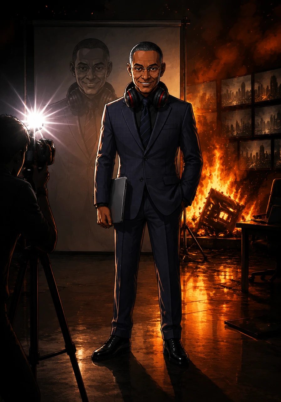 The final flash of the camera seals the image forever, cementing Gustavo Fring as the ultimate digital enigma. The fire rages one last time, casting long, dramatic shadows across the studio floor as his dark, evil smile lingers in the dimming light. The masterpiece is complete, and the digital empire is securely within his grasp.