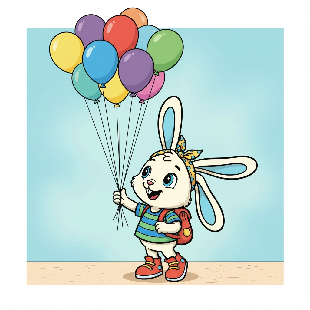 Kiko si Kelinci muncul di halaman pertama dengan senyum lebar, membawa tas merah cerah. Telinganya yang panjang bergerak-gerak saat ia melihat sekeliling dengan mata besarnya yang berbinar. Balon-balon warna-warni menghiasi langit-langit, menandakan petualangan yang menyenangkan akan segera dimulai.