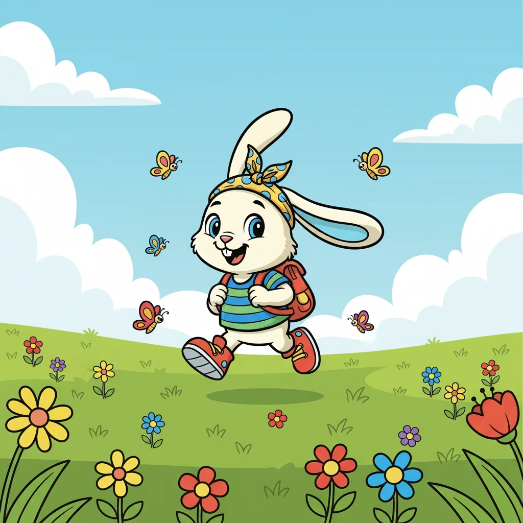 Kiko berlari melewati padang rumput hijau yang luas, tasnya bergoyang-goyang di punggungnya. Bunga-bunga bermekaran di sekelilingnya, dan kupu-kupu beterbangan dengan riang. Ia tampak bersemangat dan siap untuk menjelajahi dunia.