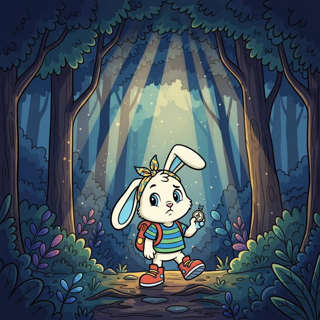 Kiko tiba di tepi hutan yang gelap dan misterius. Meskipun sedikit ragu, ia mengingat tujuannya dan mulai melangkah masuk. Cahaya matahari menembus dedaunan, menciptakan efek dramatis pada pemandangan.