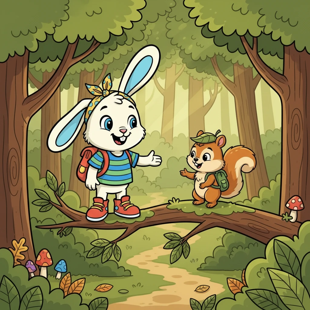 Di dalam hutan, Kiko bertemu dengan teman baru, seekor tupai bernama Ciko. Ciko menawarkan bantuan untuk menavigasi hutan yang rumit. Mereka berdua tersenyum ramah satu sama lain.