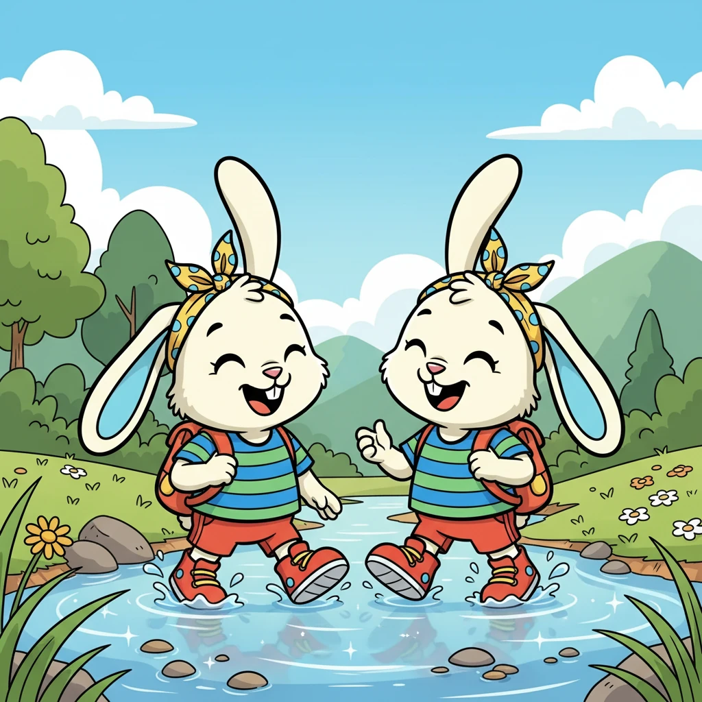 Kiko dan Ciko berjalan bersama, melewati sungai kecil yang berair jernih. Mereka berbagi cerita dan tertawa bersama, mempererat ikatan persahabatan mereka. Kiko merasa senang memiliki teman baru.