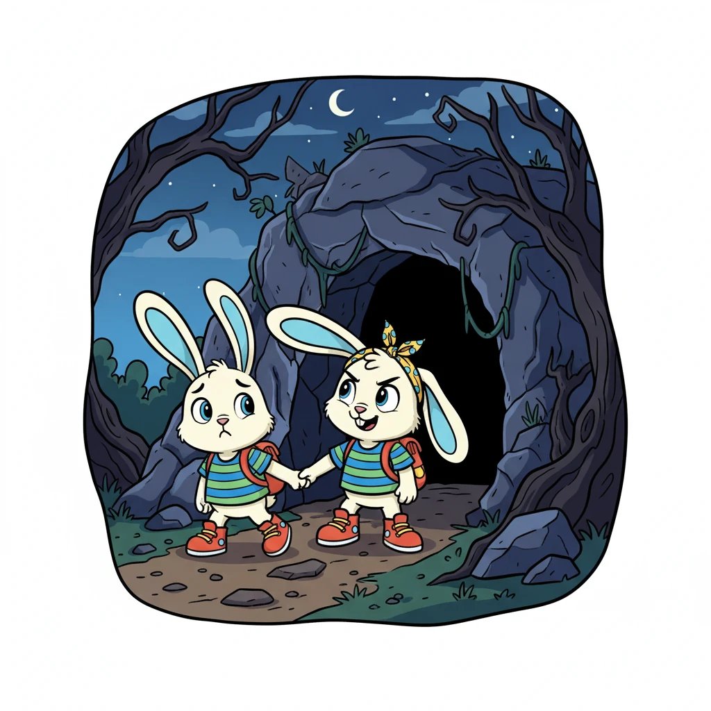 Mereka menemukan gua yang gelap dan menyeramkan. Ciko sedikit takut, tetapi Kiko mendorongnya untuk tetap berani. Mereka berdua memutuskan untuk masuk, memegang erat tangan masing-masing.