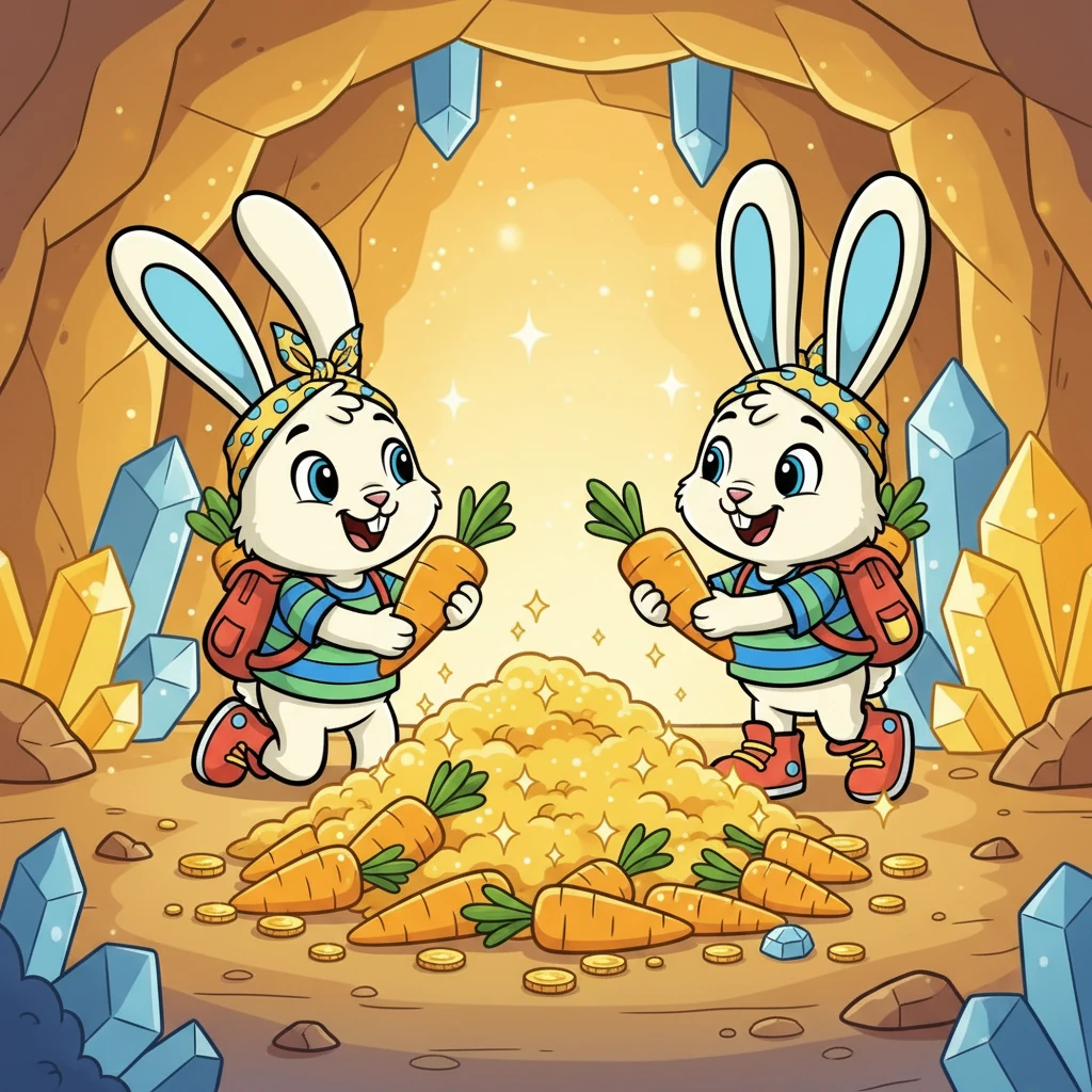 Di dalam gua, mereka menemukan harta karun yang berkilauan: sekumpulan wortel emas! Kiko dan Ciko sangat gembira. Mereka berbagi wortel itu sebagai tanda persahabatan mereka.