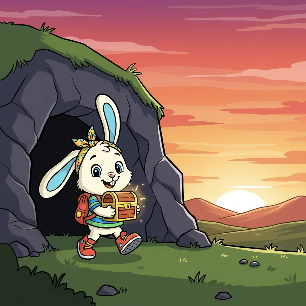 Kiko dan Ciko keluar dari gua, matahari terbenam mewarnai langit dengan warna oranye dan merah muda. Mereka merasa bangga telah mengatasi ketakutan mereka dan menemukan harta karun.