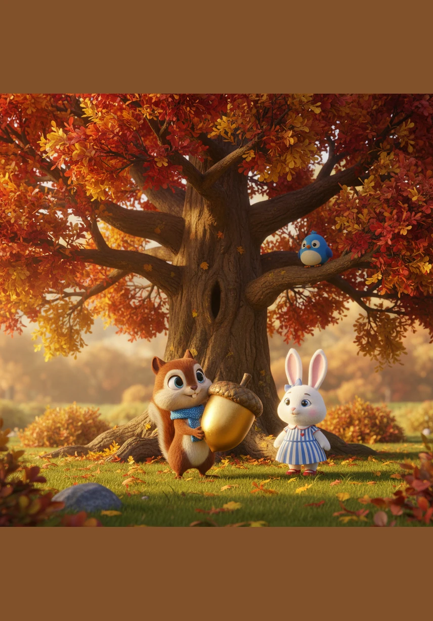 A bright cover page shows Sammy the Squirrel wearing a tiny blue scarf, proudly holding a giant golden acorn beneath a magnificent oak tree with colorful autumn leaves.