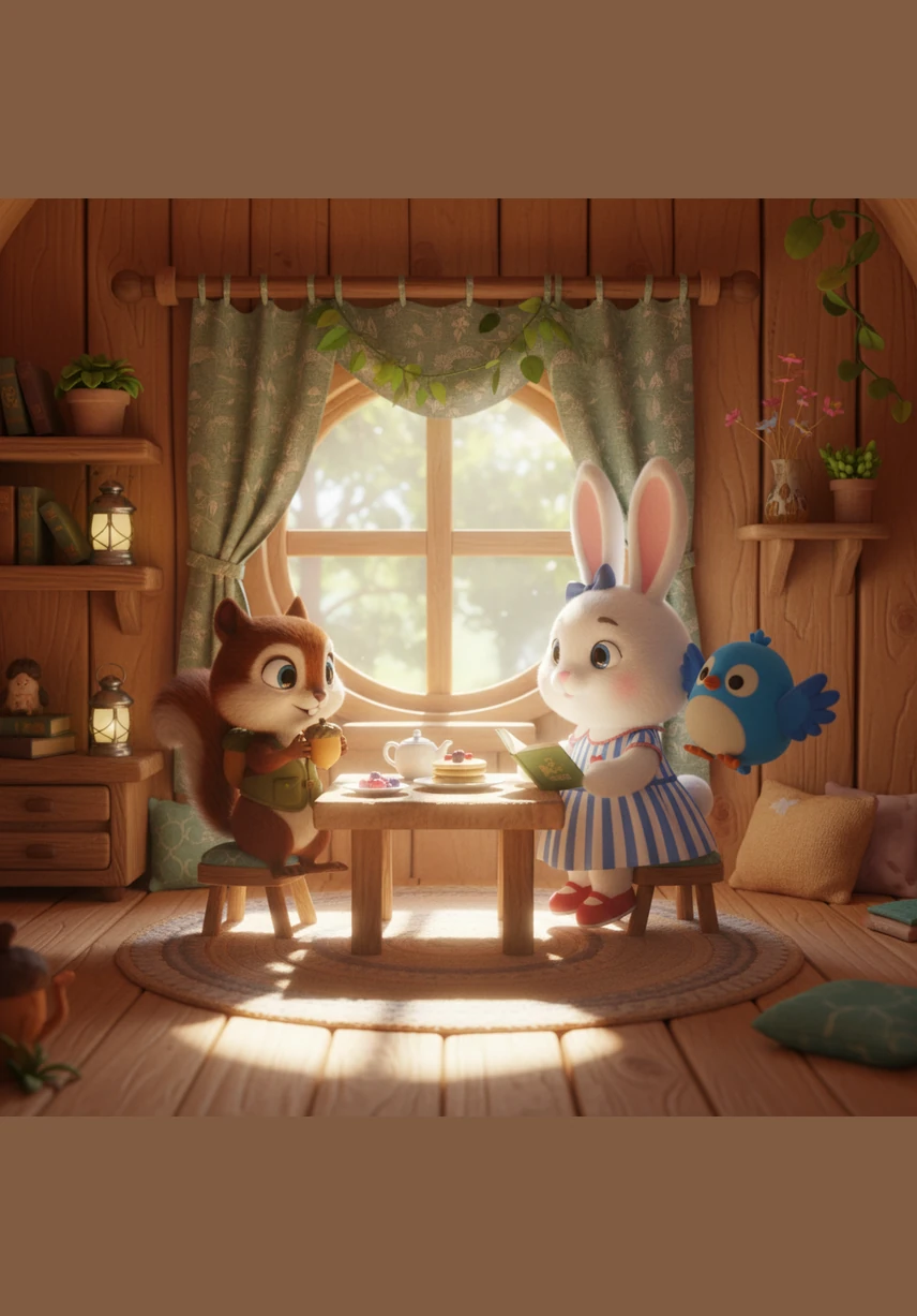 Sammy wakes up in his cozy tree house filled with soft green moss and tiny wooden furniture, stretching his arms as the morning sun peeks through the round window.