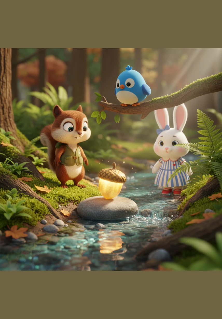 While exploring the forest floor, Sammy discovers a magnificent, shiny golden acorn sitting perfectly on a flat grey stone near a bubbling, crystal-clear brook.