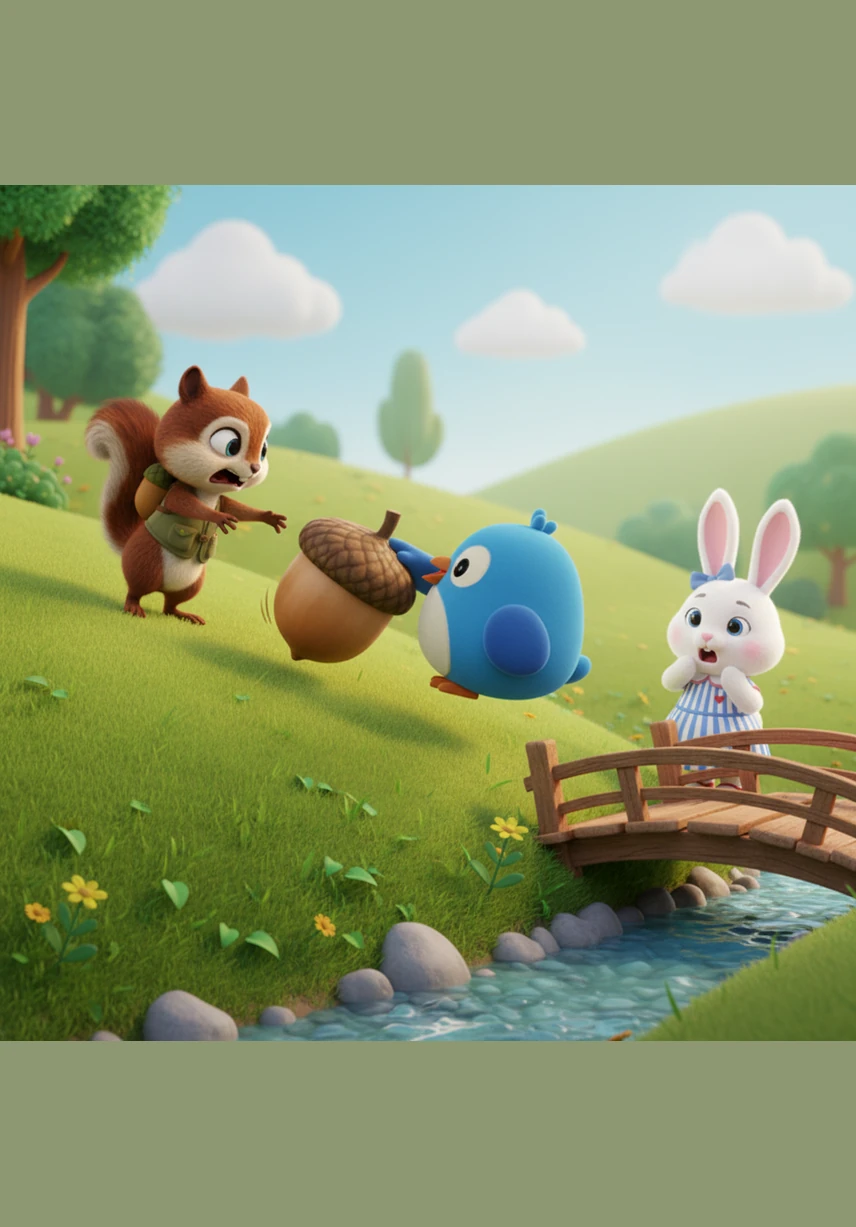 Sammy tries to lift the heavy nut, but it slips from his tiny paws and rolls quickly down a grassy hill toward the deep green bushes and tangled vines.