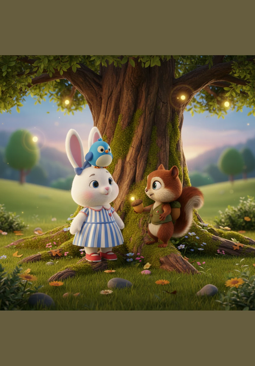 At the bottom of the hill, Sammy meets Rosie the Rabbit, a fluffy white bunny with long ears who is curiously sniffing the golden acorn with her pink nose.