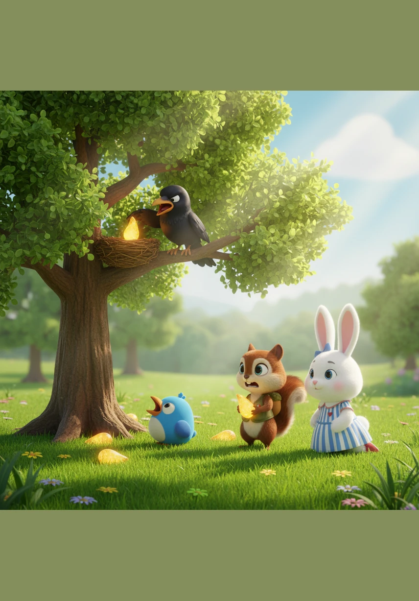 Sammy and Rosie decide to work together, pushing the heavy acorn through a field of tall purple wildflowers and dancing yellow butterflies.