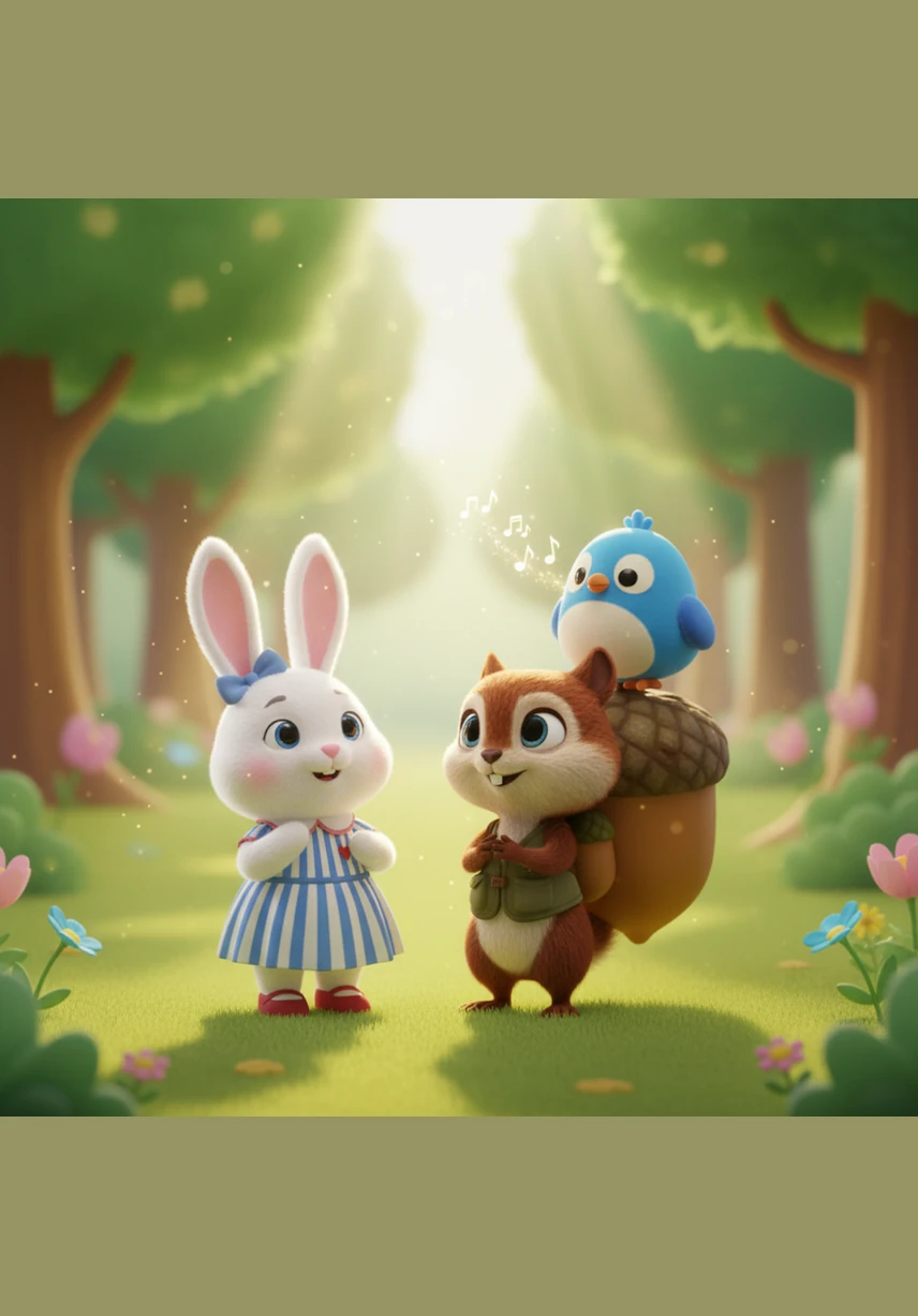 They reach a sunny clearing where a small blue bird is resting on the acorn, chirping a happy song that makes the whole forest feel magical and bright.