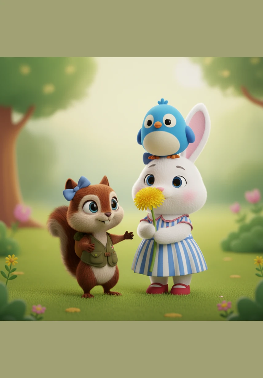 Sammy smiles and realizes he does not need to hide the acorn away, so he invites Rosie and the bird to sit together for a wonderful forest picnic.