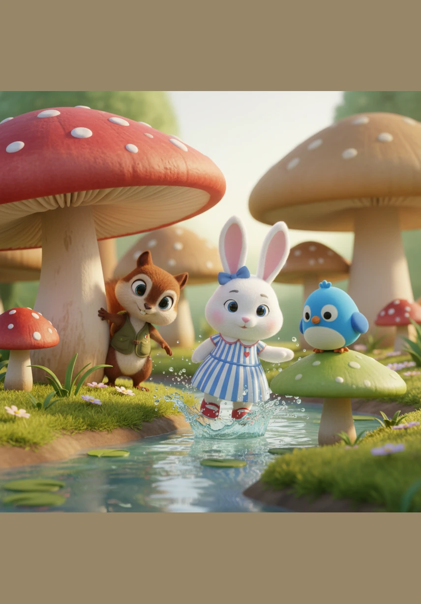 The new friends spend the afternoon playing hide-and-seek among the giant mushrooms and splashing their paws in the cool, refreshing water of the stream.