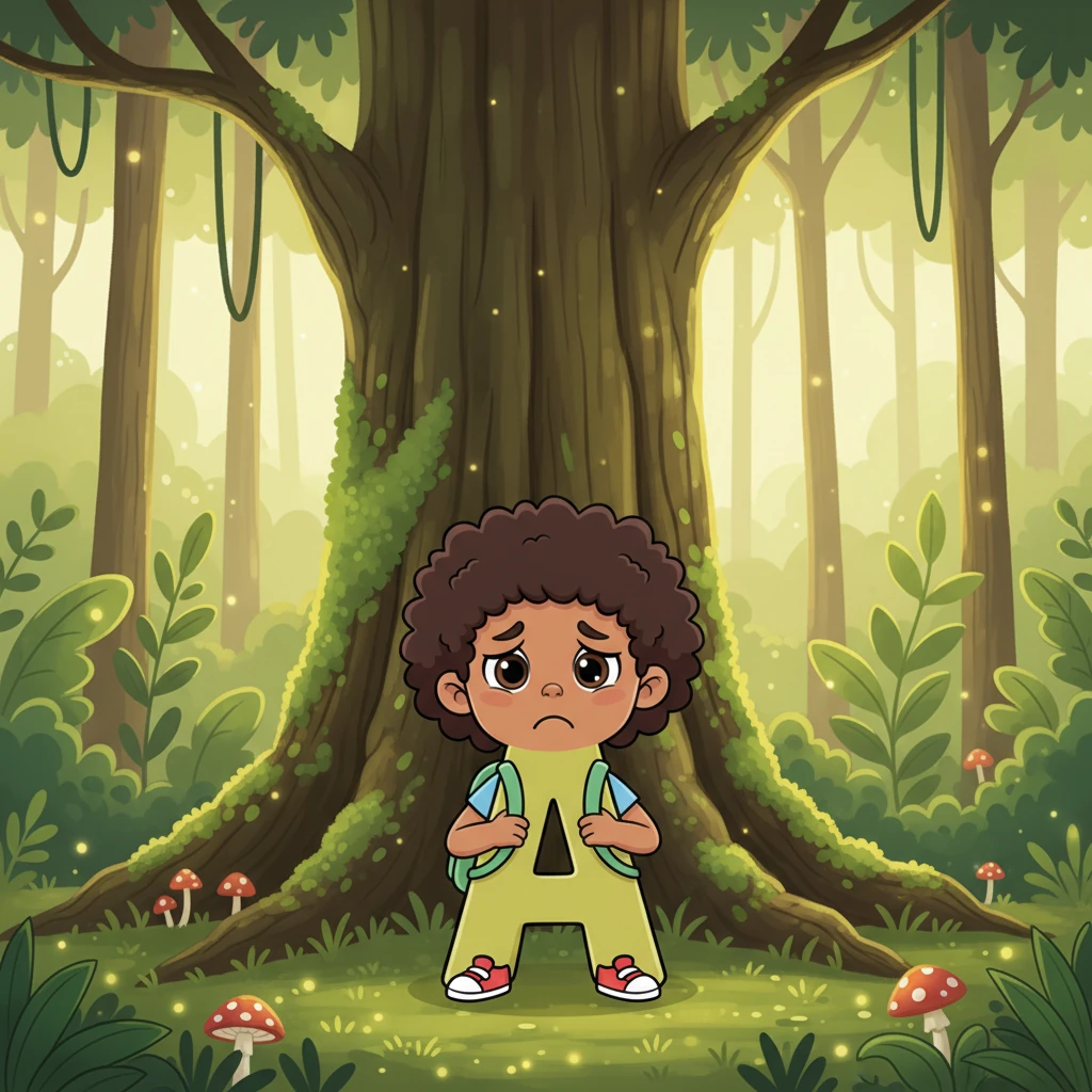 One day, in a magical, green forest, the letter Alfie A found himself all alone. His big, round eyes looked sad as he stood by a mossy tree, feeling quite lost and small. The soft light of the forest filtered through the leaves, but it couldn't cheer him up.