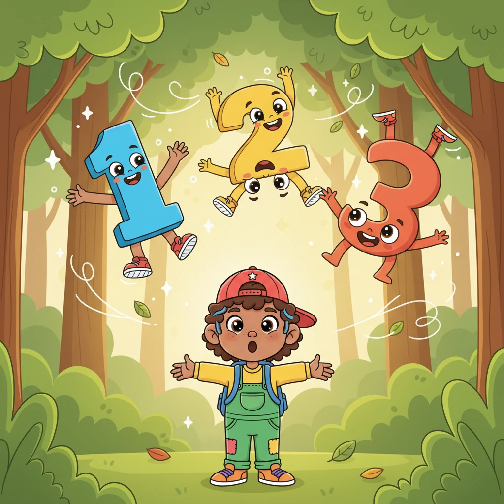Suddenly, a burst of color and laughter broke the silence! The cheerful numbers 1, 2, and 3 came bouncing through the trees, their smiles wide and bright. The forest seemed to light up with their joyful energy as they playfully tumbled towards Alfie A.