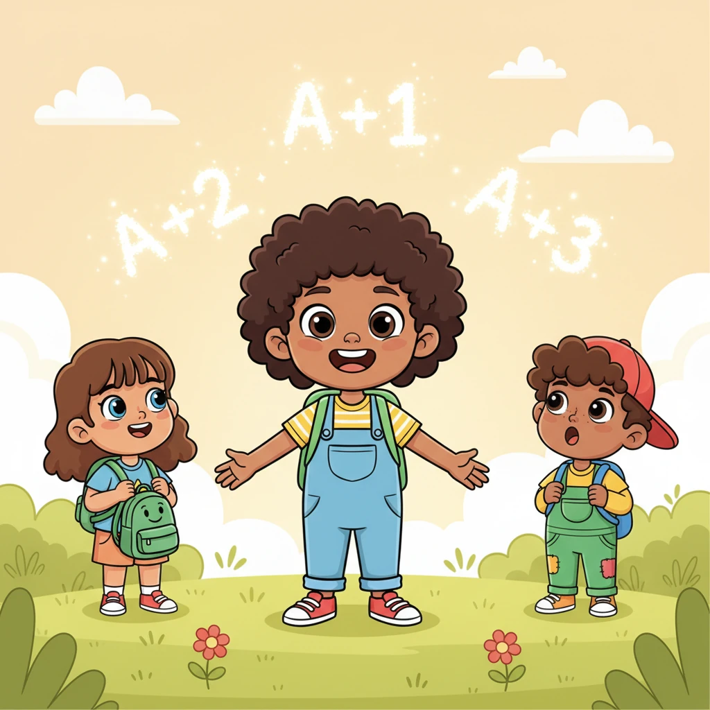 Together, the new friends began to play a magical game. As Alfie A stood proudly, the numbers danced around him, creating glowing expressions in the air: A + 1, A + 2, A + 3! Alfie A and his friends watched in wide-eyed wonder as the symbols shimmered.