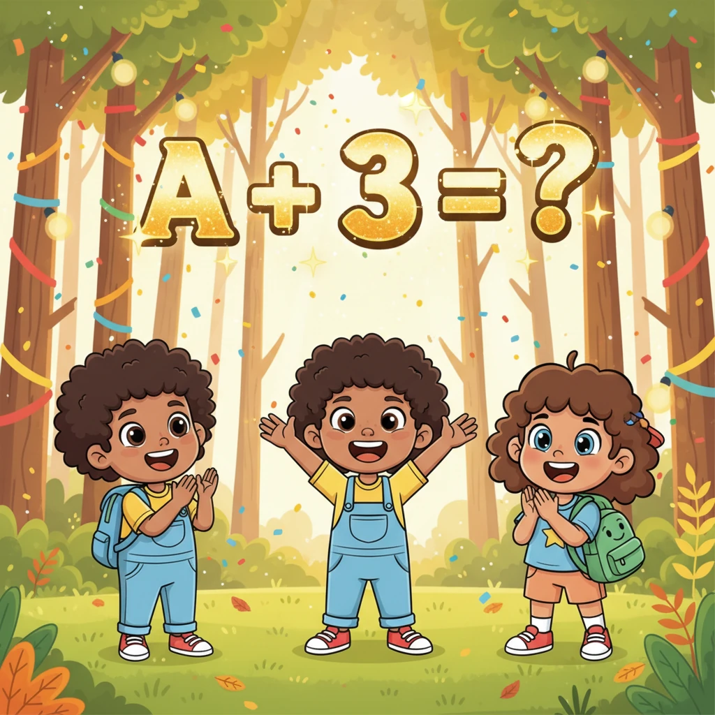 And just like that, a brand new algebraic expression was born! A huge, sparkling "A + 3 = ?" floated majestically above them. Everyone cheered and clapped, their faces beaming with excitement in the bright, festive forest.
