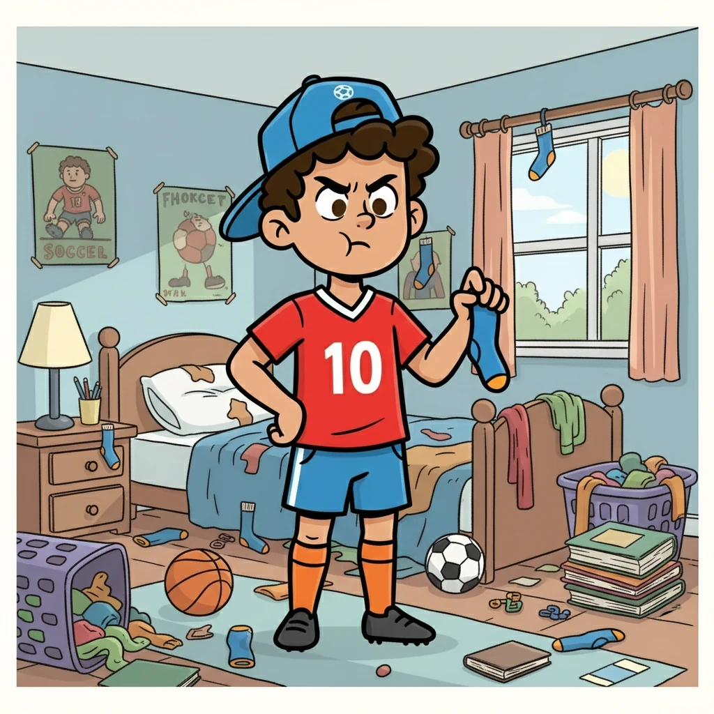 Leo is a messy boy. He loves soccer, but he hates when his socks disappear. One sock from every pair is always missing! Leo is wearing his soccer uniform in his room. He is very frustrated.