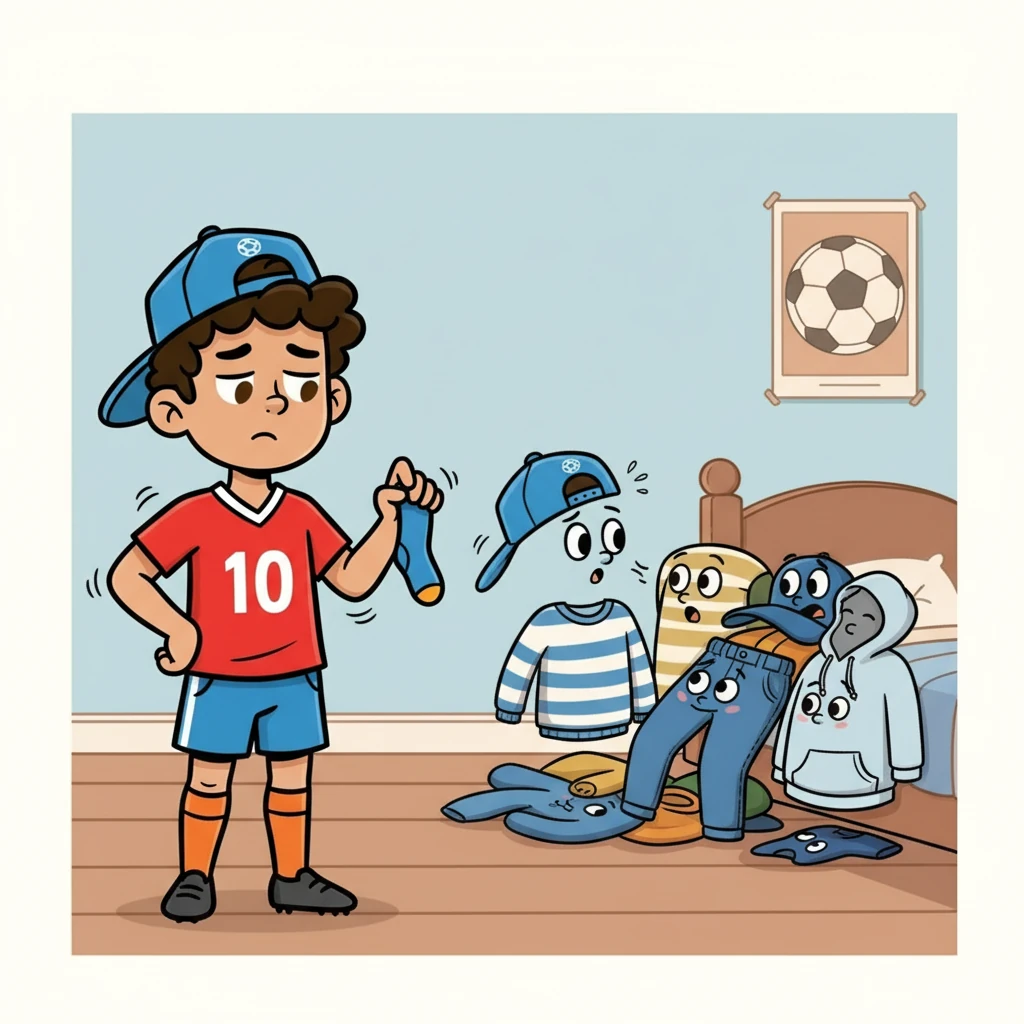 Leo asks his T-shirt, "Where do my socks go?" The T-shirt shrugs. It doesn't know. Then, Leo talks to his baseball cap. The baseball cap is gossiping with his other clothes.